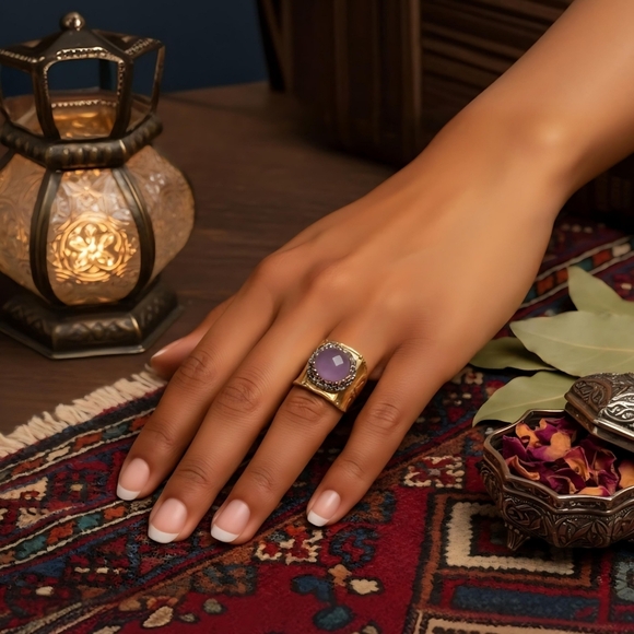 🆕️Boho Luxe Handmade Turkish Gold-Plated Wide Ring With Pink Cat’s Eye Hematite - Picture 10 of 12